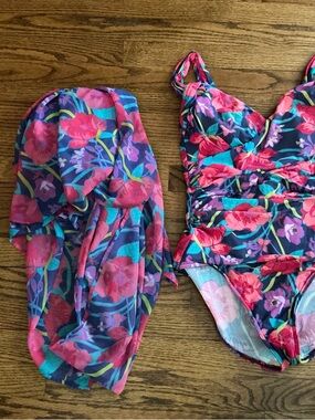 Floral Pink & Blue One-Piece Swimsuit with Sarong